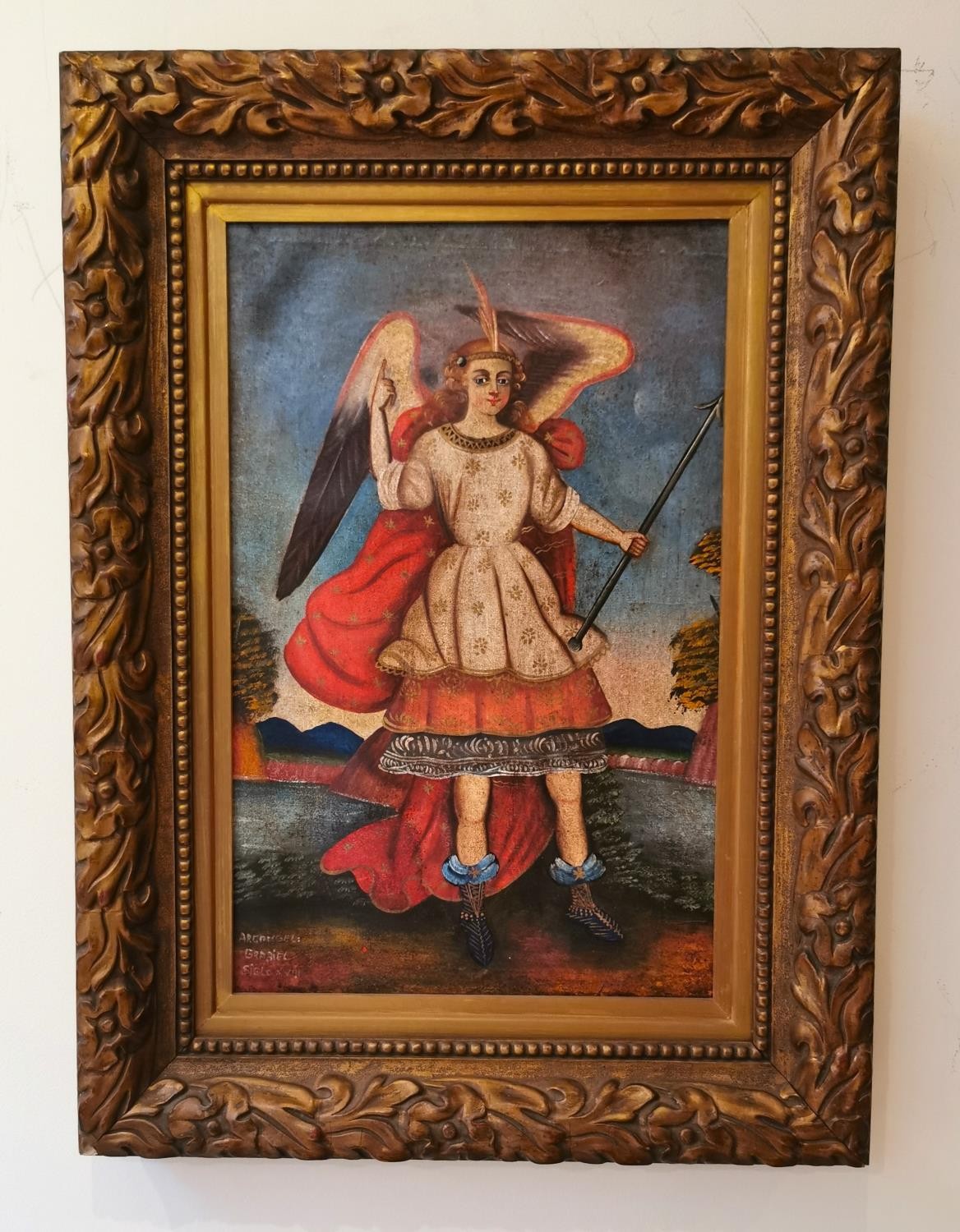 Cusco school, early 20th century oil on canvas of archangel Gabriel. Signed Siglo and dated. Framed. - Image 2 of 7