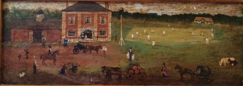 A naive 19th century oil on board of a British country house scene with cricket match and scenes