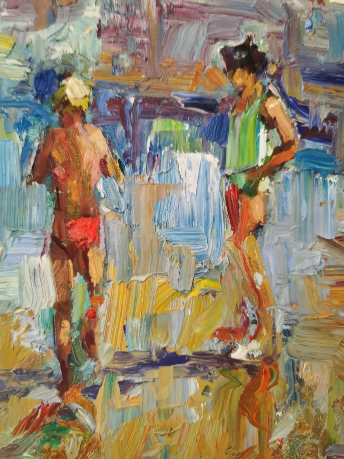 Ken Moroney, British, (1949 - 2018), oil on board, children playing at the beach. Signed. L.67 H. - Image 7 of 8