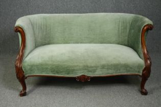 Sofa, mid 19th century carved mahogany canape style two seater on cabriole supports. H.73 W.136 D.