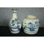 Two 19th century blue and white export ware porcelain pieces, including a bottle vase with