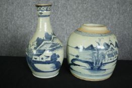 Two 19th century blue and white export ware porcelain pieces, including a bottle vase with