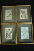 Four woven silkwork pictures, bird studies, signed and framed and glazed. H.19 W.15cm. (each).