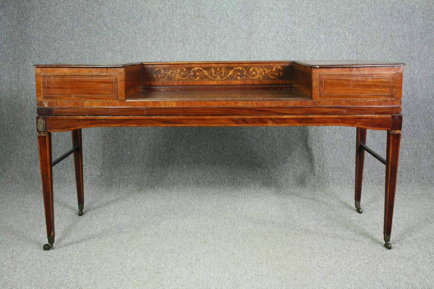 A Georgian mahogany and inlaid writing table, converted from a spinet. H.85 W.160 D.58cm. - Image 4 of 8