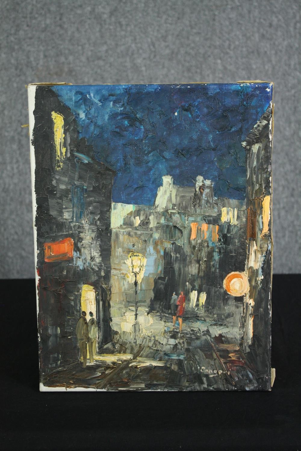 Oil on canvas, cityscape at night, indistinctly signed. H.41 W.31cm. - Image 2 of 4