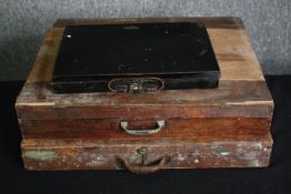 Three vintage cases containing art and craft equipment. H.9 L.49 W.40cm. (largest).