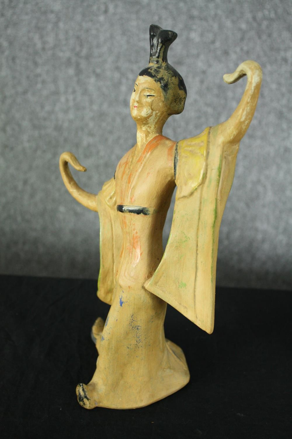 A ceramic dancing Geisha and a carved stone figure. H.31cm. (largest) - Image 3 of 9