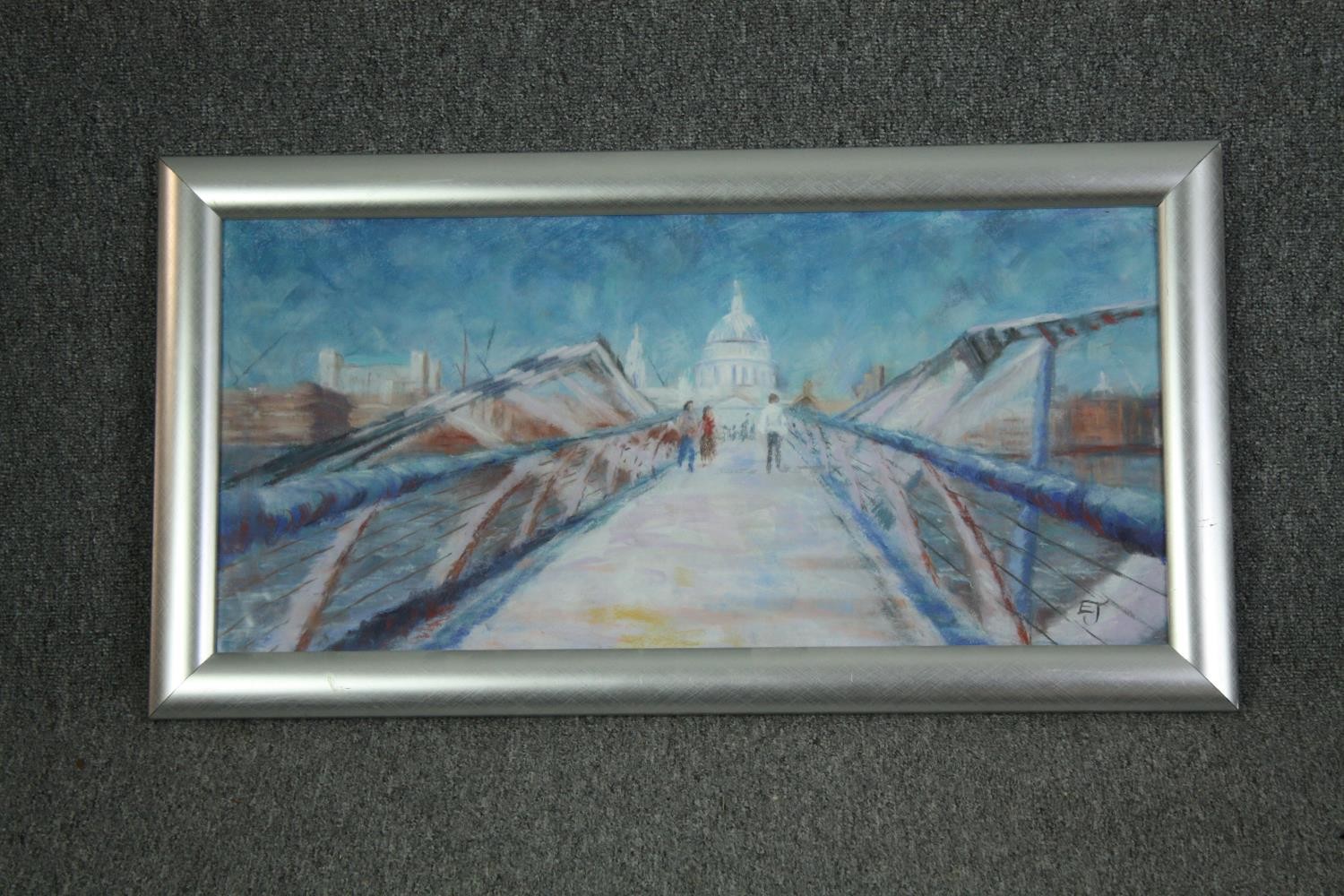 A framed pastel, initialled with exhibition label to the reverse, Elizabeth James, Millenium Bridge. - Image 2 of 5