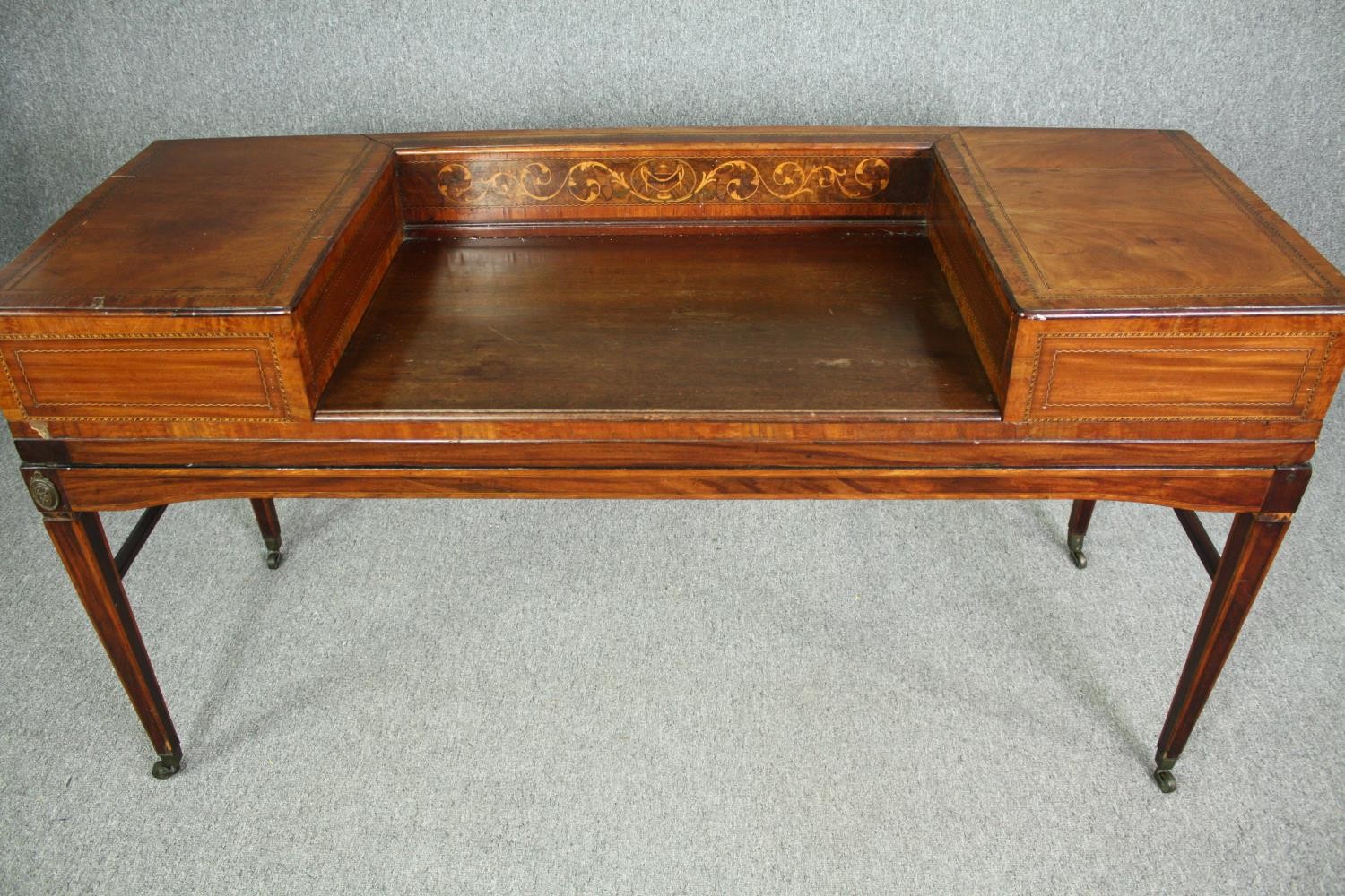 A Georgian mahogany and inlaid writing table, converted from a spinet. H.85 W.160 D.58cm. - Image 5 of 8