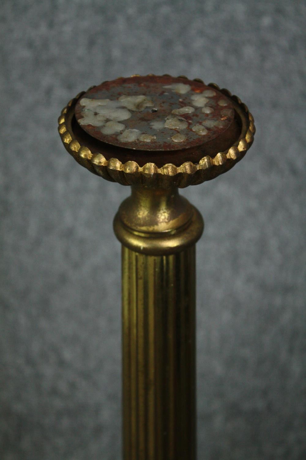 A brass ecclesiastic style candlestick along with two metal pots and a tray. H.71cm. (largest). - Image 12 of 12