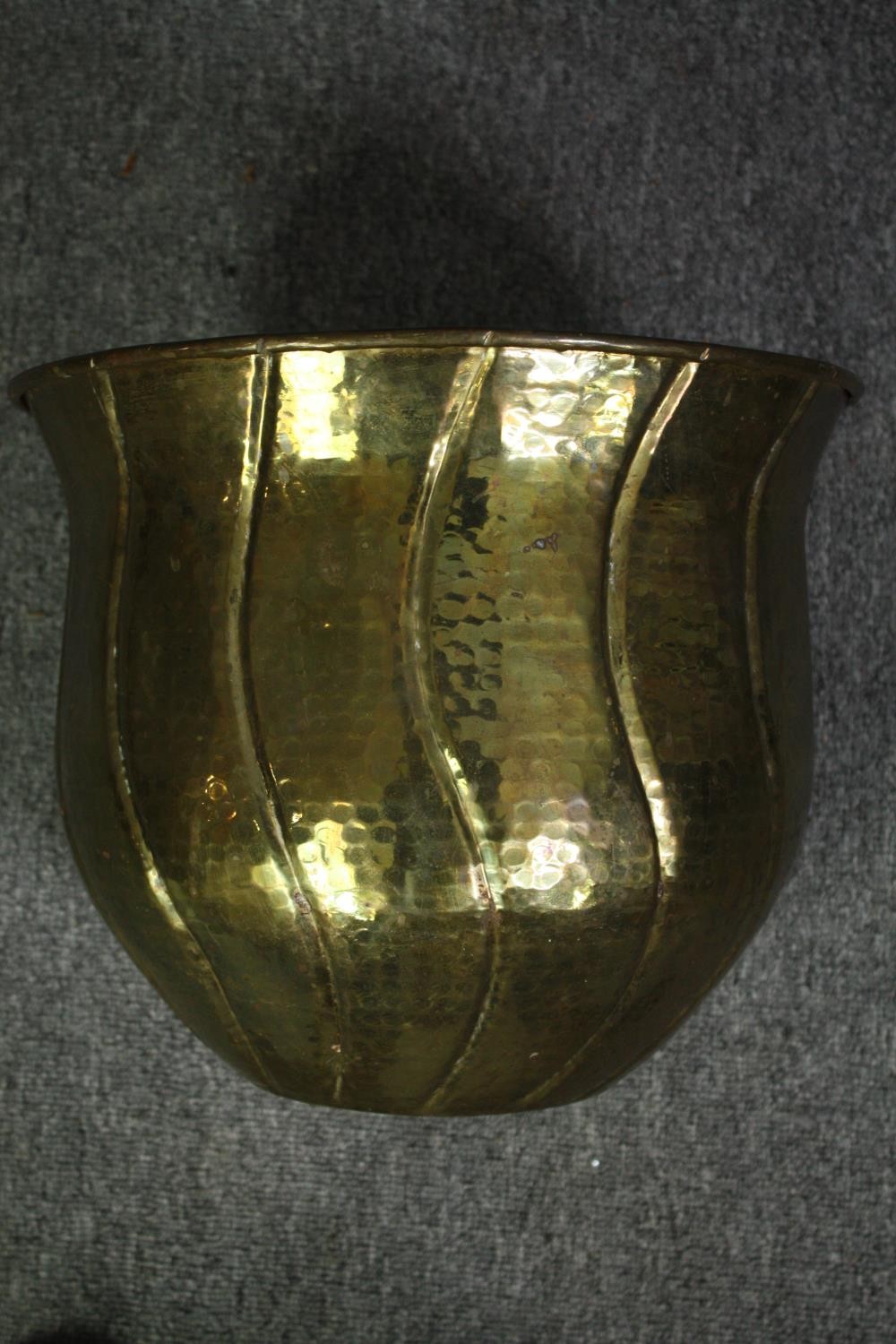 A brass ecclesiastic style candlestick along with two metal pots and a tray. H.71cm. (largest). - Image 9 of 12