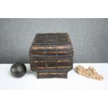 A Chinese bamboo food offering box, desert rose selenite and a metal apple. H.24 W.24 D.24cm. (