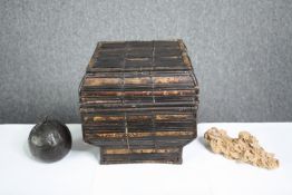 A Chinese bamboo food offering box, desert rose selenite and a metal apple. H.24 W.24 D.24cm. (