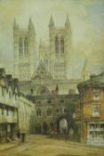 Watercolour, cathedral town, signed Featherstone Robson, framed and glazed. H.40 W.33cm.