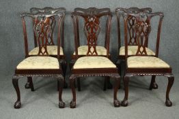 A set of six mid century Chippendale style mahogany dining chairs. H.101cm. (each).