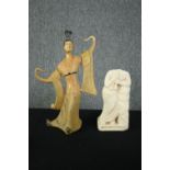 A ceramic dancing Geisha and a carved stone figure. H.31cm. (largest)