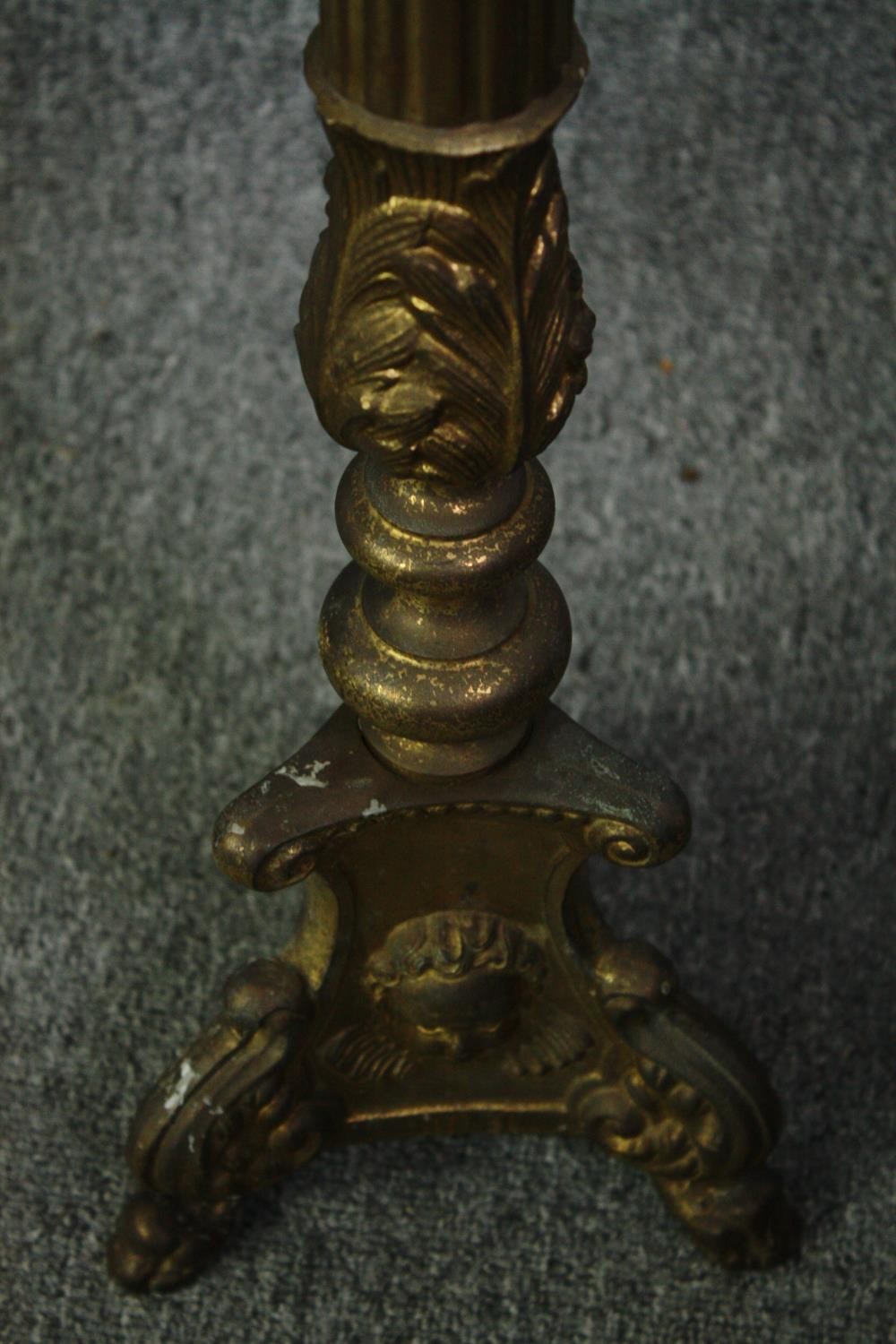 A brass ecclesiastic style candlestick along with two metal pots and a tray. H.71cm. (largest). - Image 11 of 12