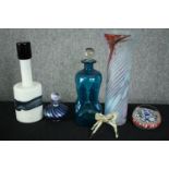 An Italian art glass decanter, a blue glass glug decanter and other art glass items. H.29cm. (