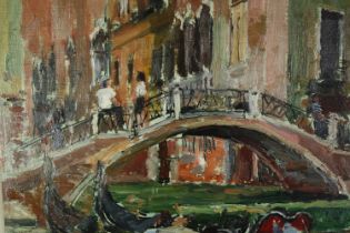 John Linfield (B.1930), a framed oil on board, signed, exhibition label to the reverse; Gondolas,