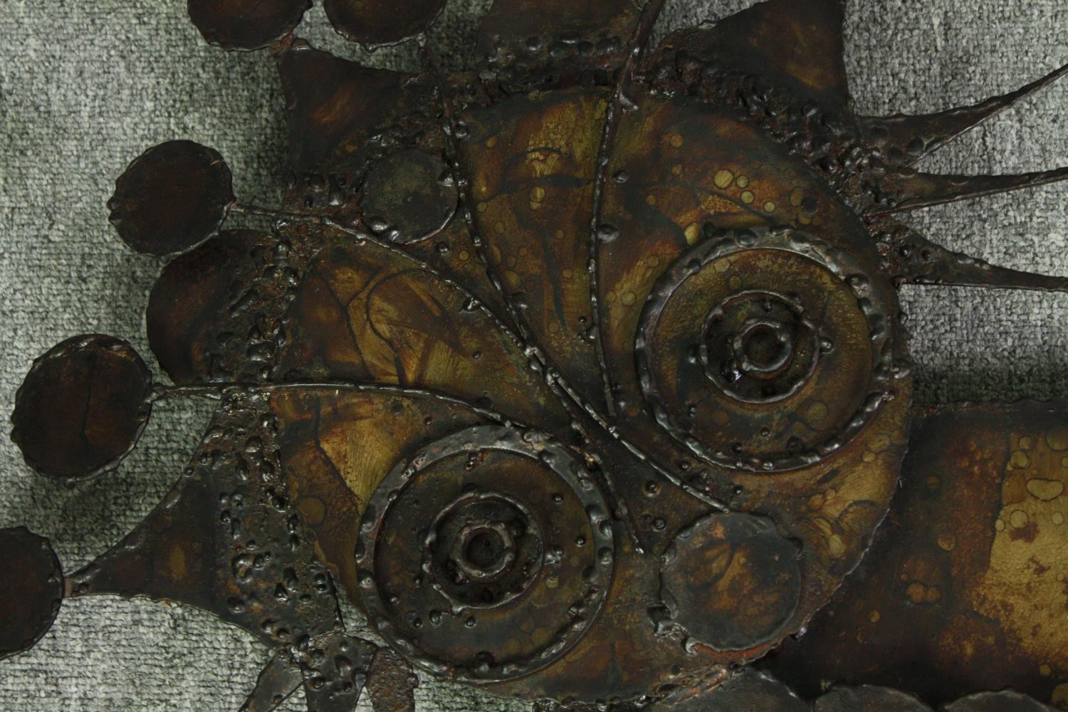 A mid century Brutalist style metal wall sculpture. H.84 W.100cm. - Image 4 of 7