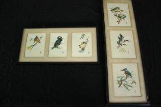 Six watercolours in two frames, domestic birds, monogrammed. H.54 W.18cm. (largest).