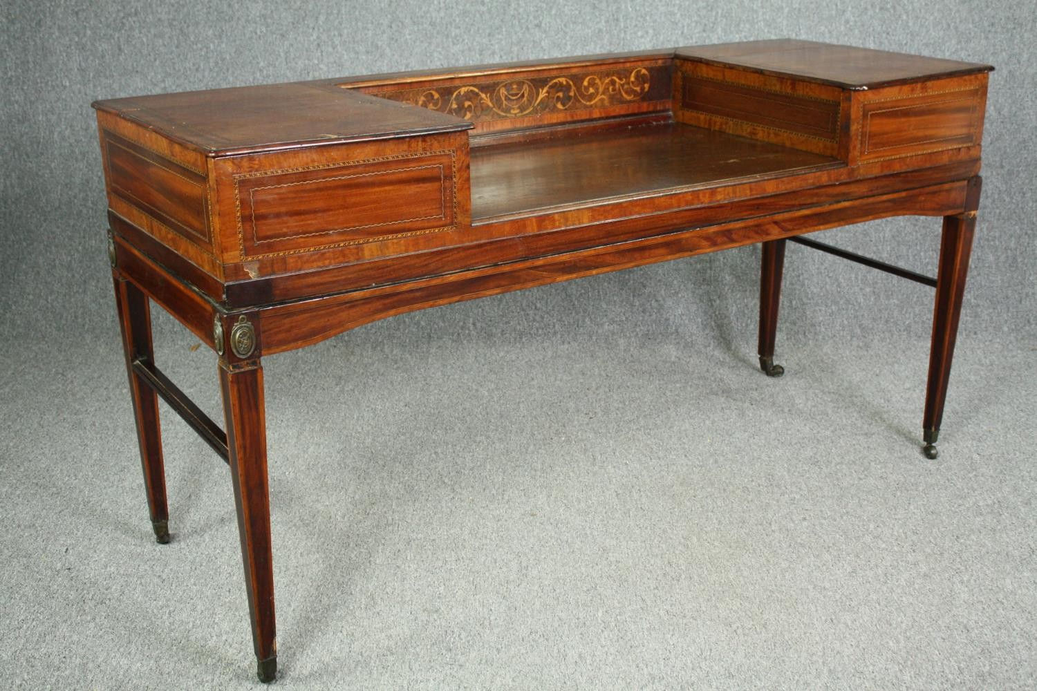 A Georgian mahogany and inlaid writing table, converted from a spinet. H.85 W.160 D.58cm. - Image 2 of 8