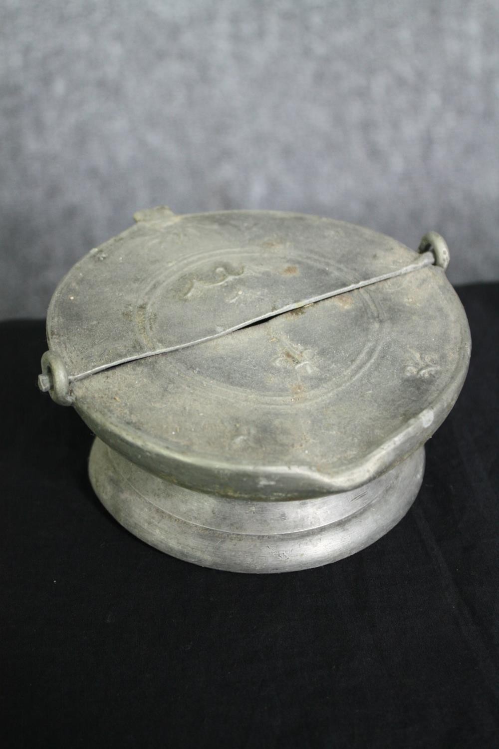 A collection of metal ware, a french 19th century pewter lidded vessel with spout, a Japanese - Image 3 of 9