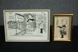 A vintage Daily Express cartoon from 1968 and a mixed media cartoon, both framed and glazed. H.19