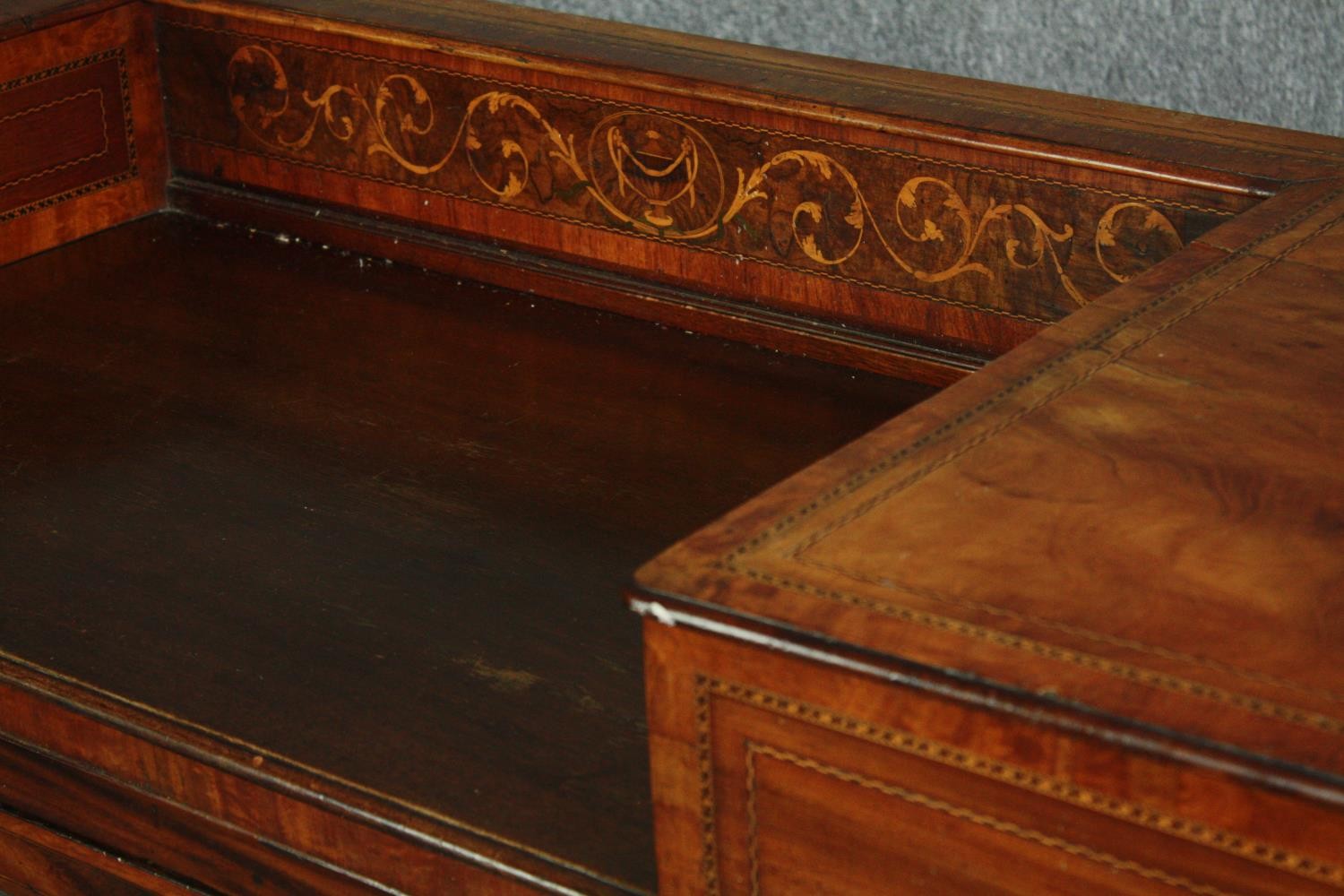 A Georgian mahogany and inlaid writing table, converted from a spinet. H.85 W.160 D.58cm. - Image 8 of 8