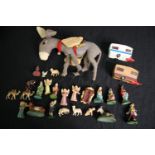 Vintage toys, two caravans, a donkey and Nativity pieces. H.20 W.30cm. (largest).