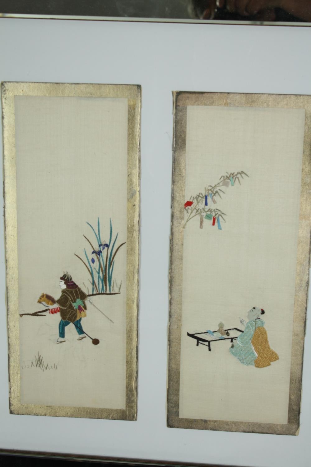 A set of eleven early 20th century Japanese silk embroidery panels depicting figures with gilded - Image 4 of 9