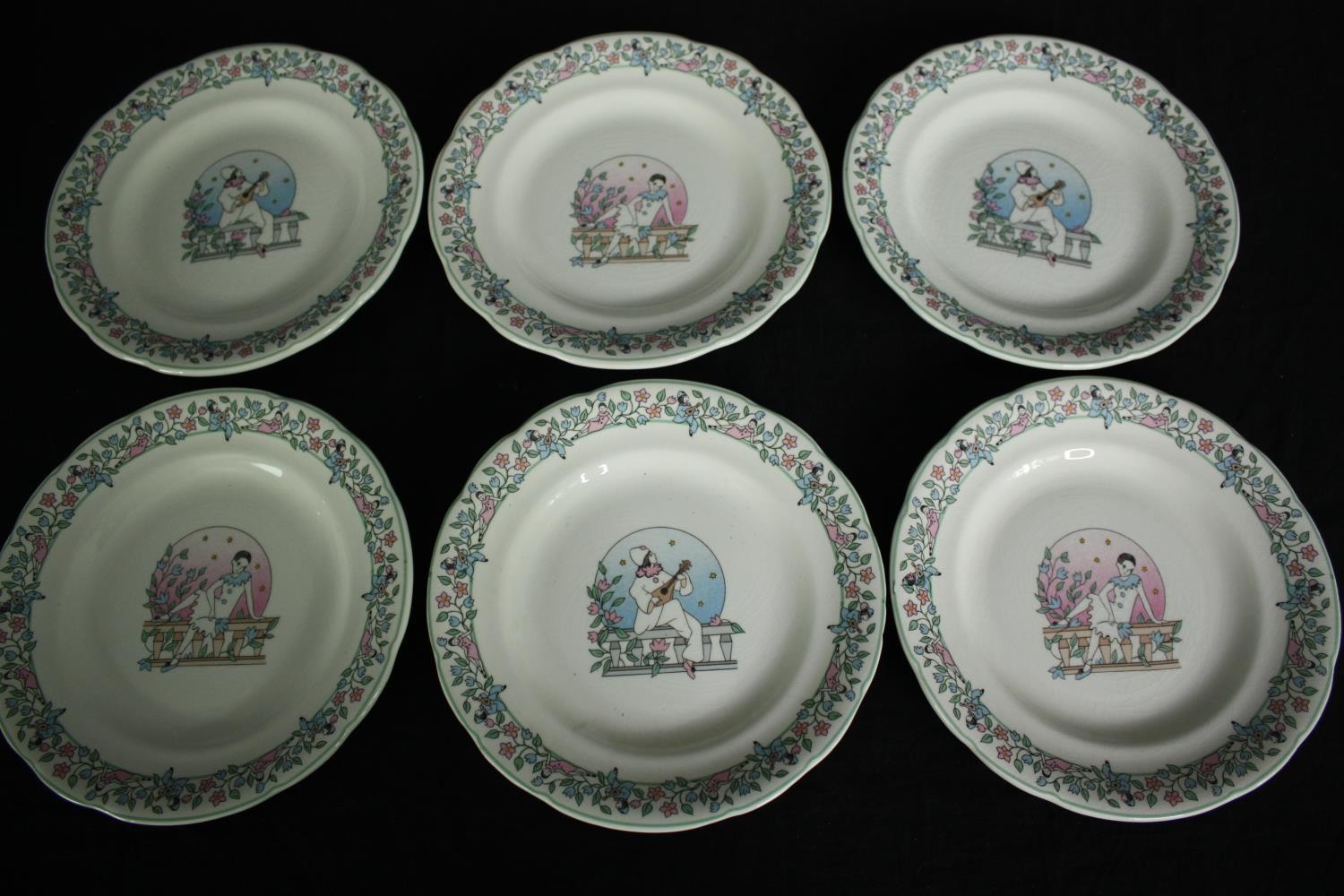 A set of six pierrot et colombine illustrated plates along with a mid century hand decorated Czech - Image 2 of 7