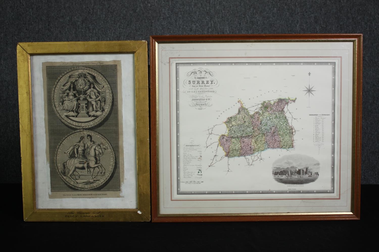 A 19th century gilt framed engraving and a 19th century hand coloured map of Surrey. H.44 W.49cm. (