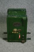 A small vintage locking safe with maker's plaque. H.42 W.28 D.31cm.