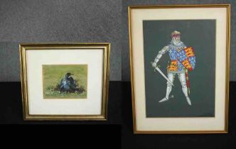 A 19th century watercolour of a fallen medieval battle helmet and a watercolour sketch of Henry V.