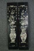 A pair of early 20th century Japanese lacquered and Mother of Pearl inlaid panels. H.100 W.21cm.