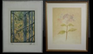 A signed limited edition lithograph and a watercolour of wild flowers, both framed and glazed. H.