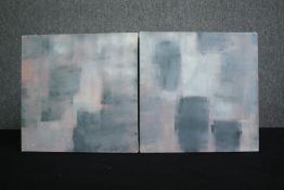 A pair of oils on canvas, abstract compositions, exhibition labels to the reverse, signed Rachel