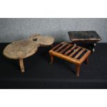 an unusual Indian stool along with two 19th century examples. H.16 W.48 D.28cm. (largest).