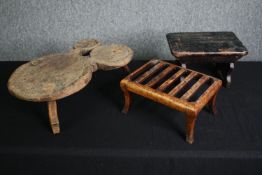 an unusual Indian stool along with two 19th century examples. H.16 W.48 D.28cm. (largest).
