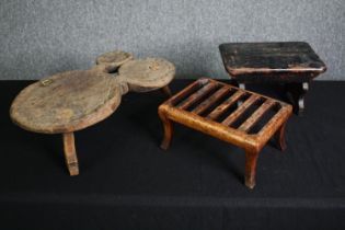 an unusual Indian stool along with two 19th century examples. H.16 W.48 D.28cm. (largest).