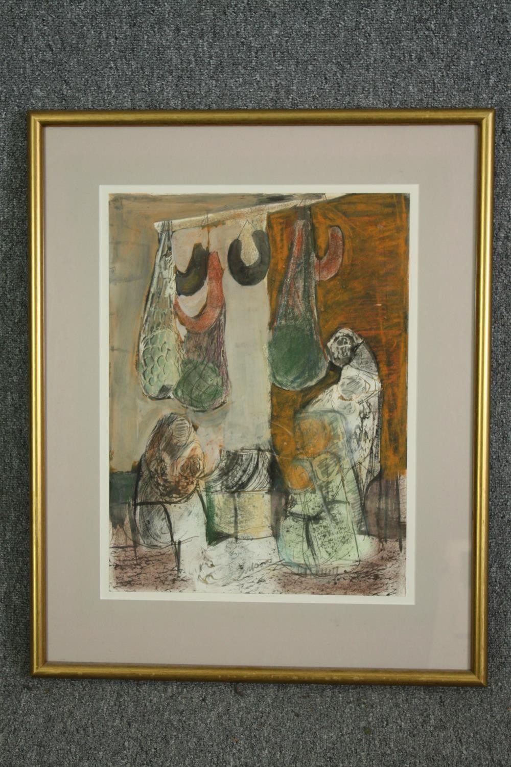 A mid century watercolour and pastel abstract composition, signed Wilson, framed and glazed. H.72 - Image 2 of 4