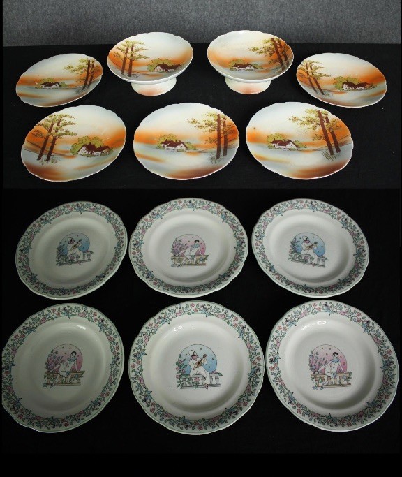 A set of six pierrot et colombine illustrated plates along with a mid century hand decorated Czech
