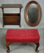A vintage mirror, a footstool and a magazine rack.