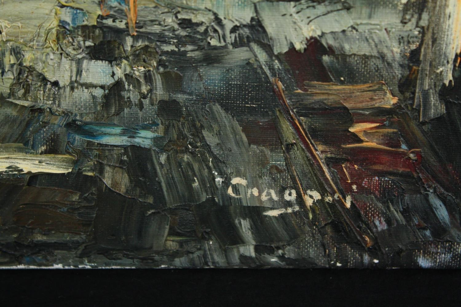 Oil on canvas, cityscape at night, indistinctly signed. H.41 W.31cm. - Image 3 of 4