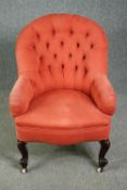 Bedroom chair, Victorian mahogany in deep buttoned upholstery. H.93cm.