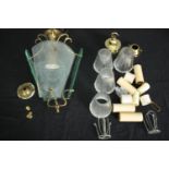 A glass hanging lamp along with glass shades etc. H.30cm. (largest).