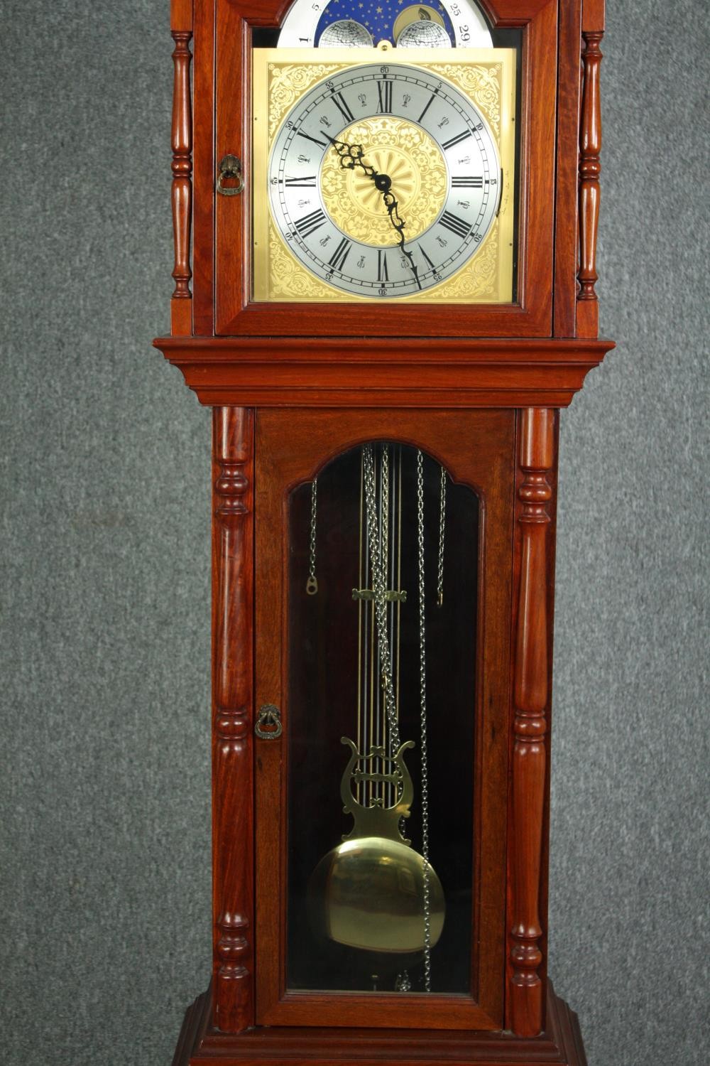 A Georgian style mahogany longcase clock with moonphase and steel and brass engraved face. H.212 W. - Image 6 of 10