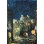 Oil on canvas, cityscape at night, indistinctly signed. H.41 W.31cm.