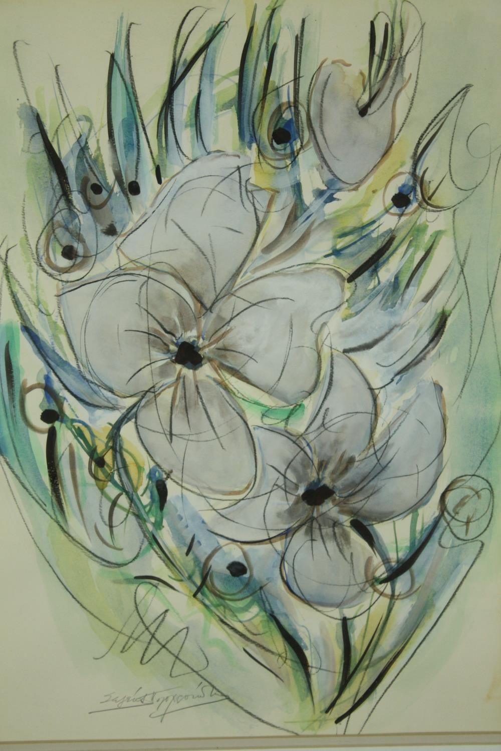 A framed and glazed watercolour and pencil study; white lilys, indistinctly signed. H.63 W.48cm.